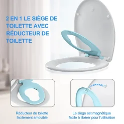 Todot Abattant WC Familial forme Ovale avec Siège Enfant Bleu Magnétique Retirable et Frein de Chute* Abattant Wc
