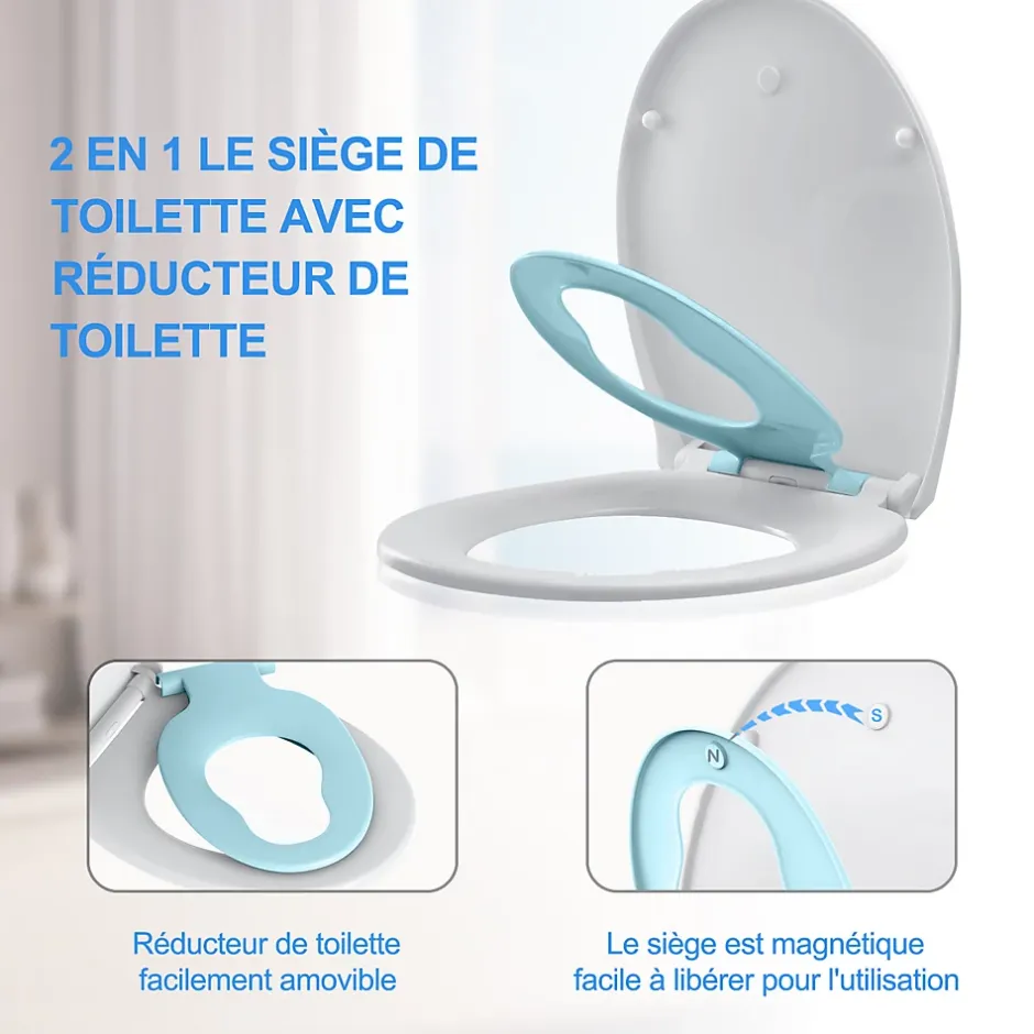Todot Abattant WC Familial forme Ovale avec Siège Enfant Bleu Magnétique Retirable et Frein de Chute* Abattant Wc