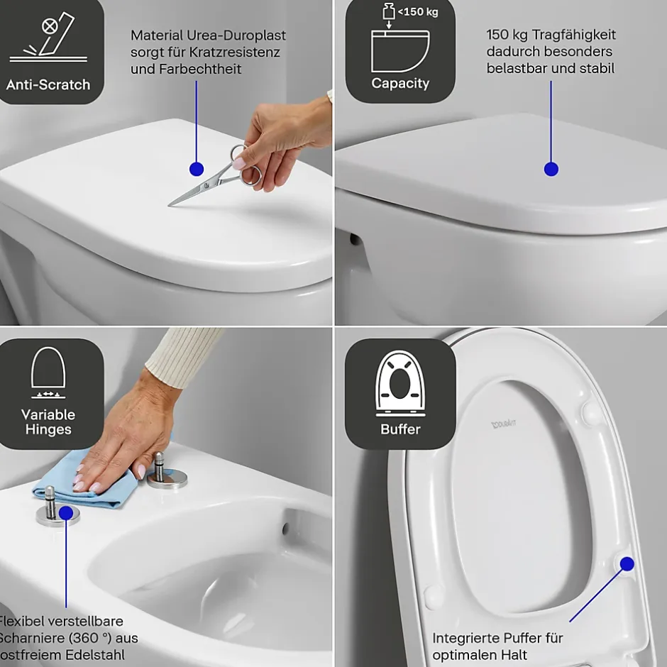 Duravit Abattant WC plastique Blanc forme D, Lunette toilettes universel à frein de chute / fermeture amortie - 37,5x41,7x5,1cm - Univavo