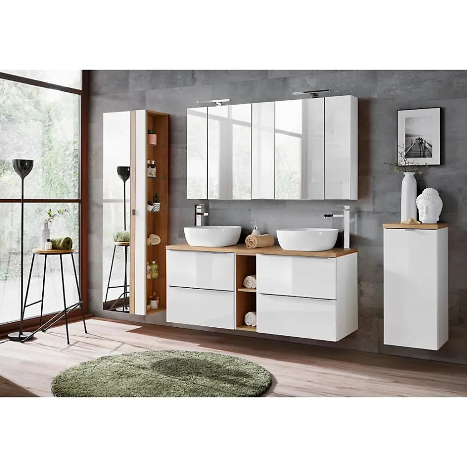 Meublorama Accessoire mural NALYA 57 cm Blanc brillant et chene clair Elément suspendu compact