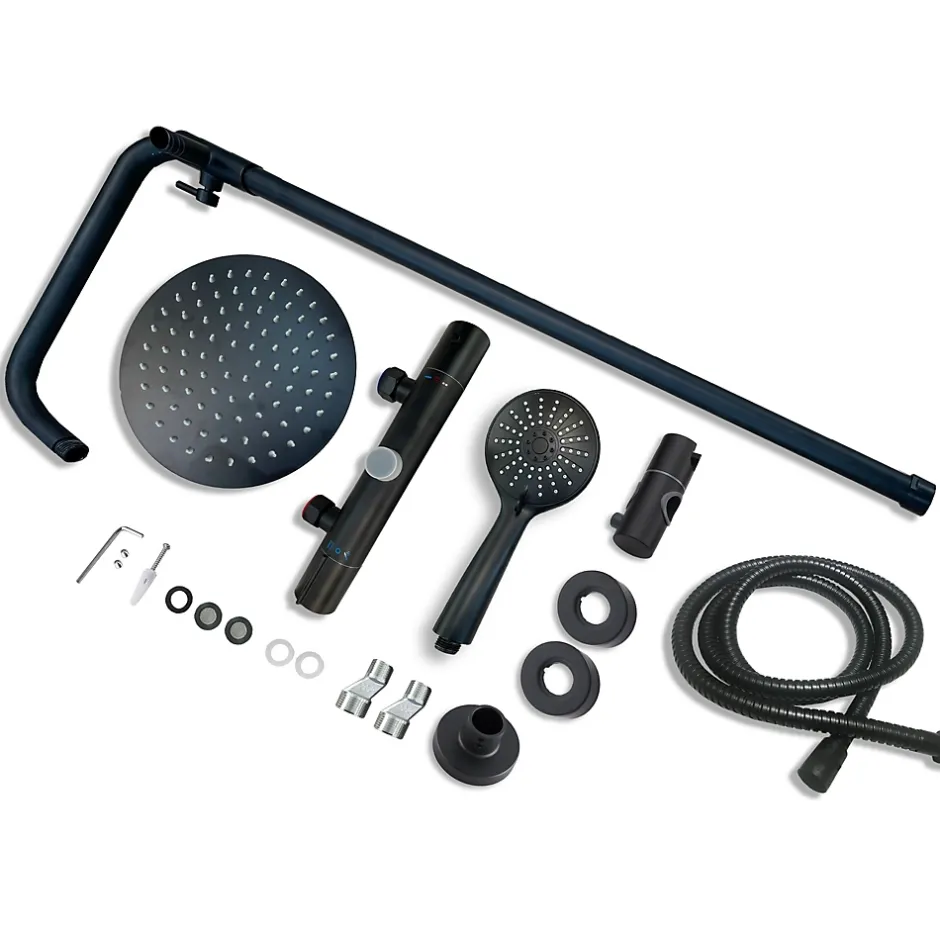 AICA Sanitaire AICA Colonne de douche thermostatique noire mate, avec douche de tête ronde et douchette à main réglable en plusieurs modes