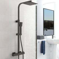 AICA Sanitaire AICA colonne de douche thermostatique noir mat avec douche de tête carrée 20X20cm, réglable en hauteur 730-1150mm* Colonne De Douche Thermostatique