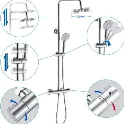AICA Sanitaire AICA Colonne de douche thermostatique, Acier inoxydable Pomme 200mm+Douchette 3 jets, Chromé* Colonne De Douche Thermostatique