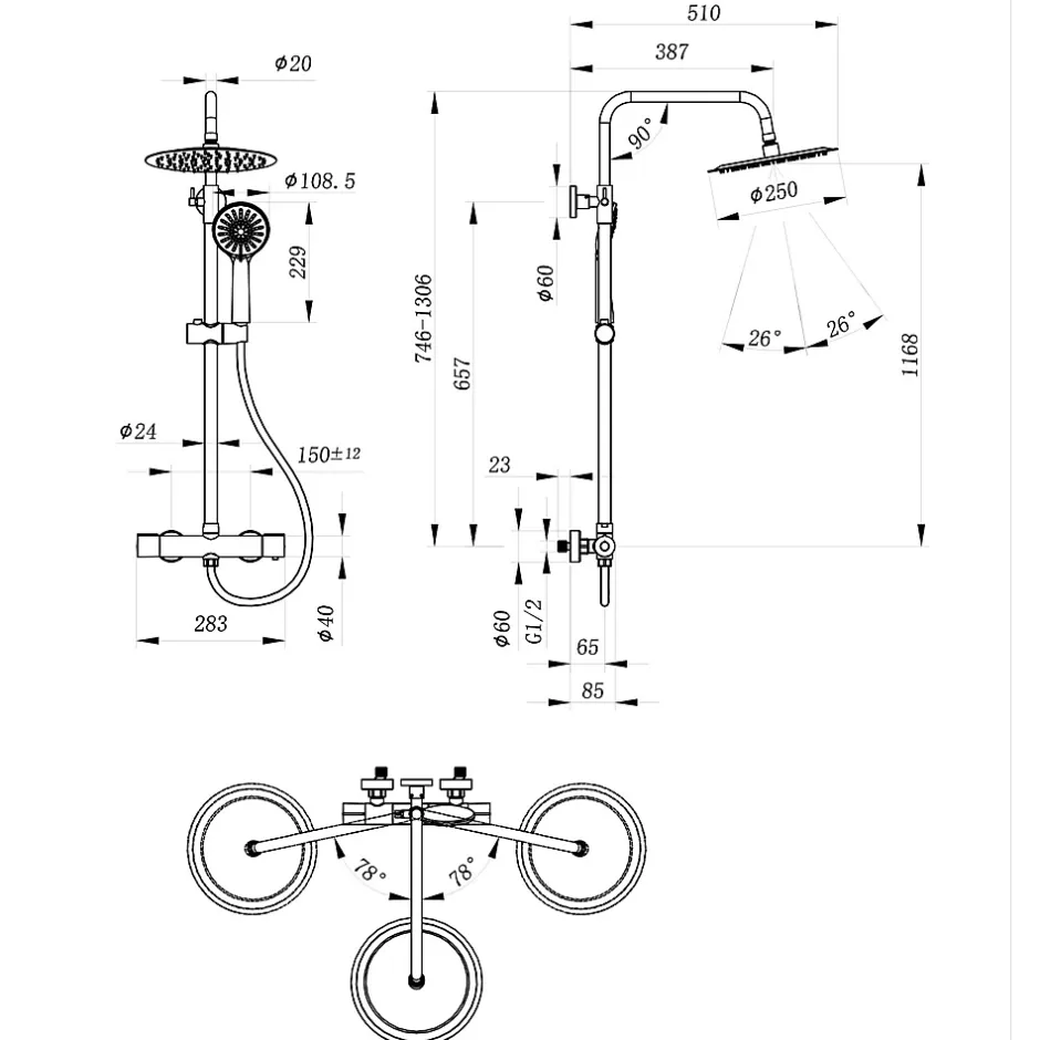 AICA Sanitaire AICA colonne de douche thermostatique avec douche de tête ronde de 250 mm, douchette à main 3 fonctions, hauteur réglable* Colonne De Douche Thermostatique