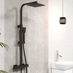 AICA Sanitaire AICA colonne de douche thermostatique avec pomme de tête, douchette et flexible,noir mat, Carré* Colonne De Douche Thermostatique