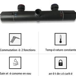 AICA Sanitaire AICA colonne de douche thermostatique noir mat avec douche de tête carrée, réglable selon plusieurs modes, réglable en hauteur