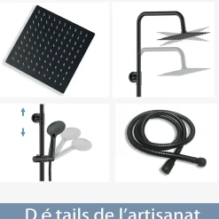 AICA Sanitaire AICA colonne de douche thermostatique noir mat avec douche de tête carrée, réglable selon plusieurs modes, réglable en hauteur