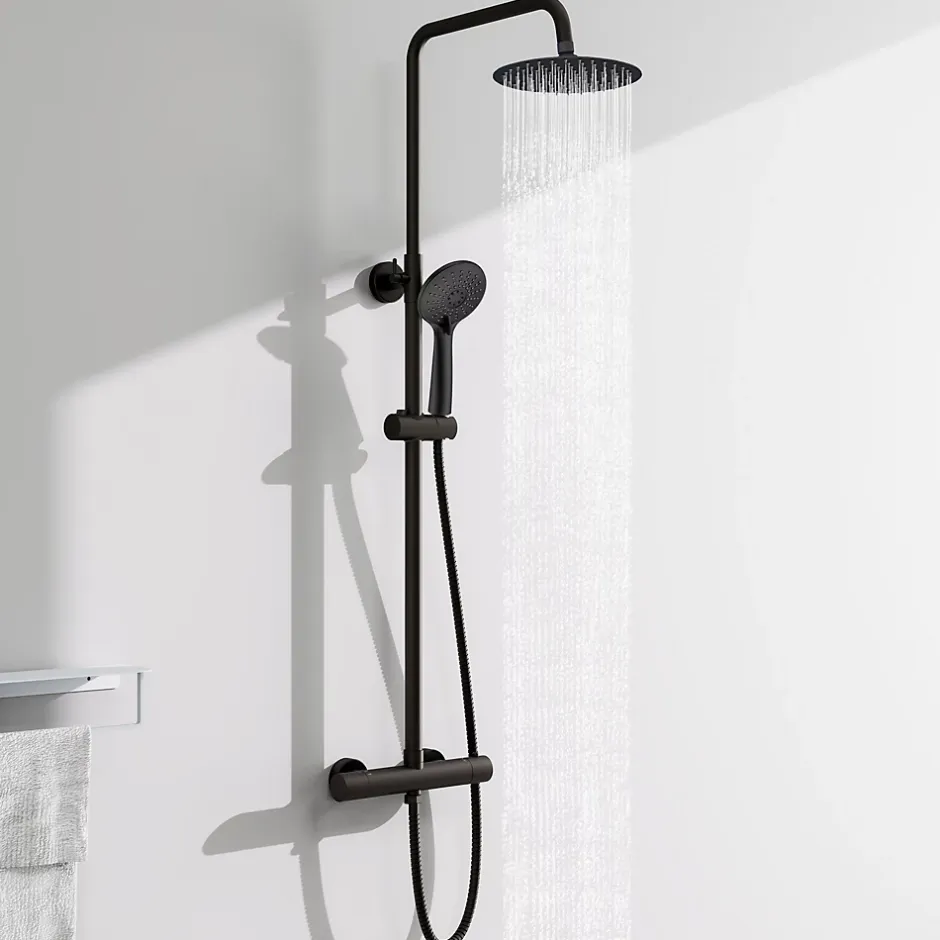 AICA Sanitaire AICA colonne de douche thermostatique avec douche de tête ronde de 200 mm, douchette à main 3 fonctions, noir,hauteur réglable