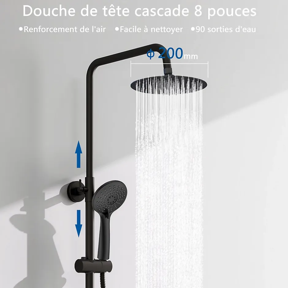 AICA Sanitaire AICA colonne de douche thermostatique avec douche de tête ronde de 200 mm, douchette à main 3 fonctions, noir,hauteur réglable