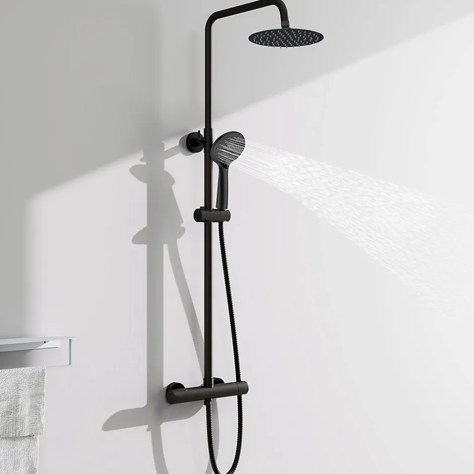 AICA Sanitaire AICA colonne de douche thermostatique avec douche de tête ronde de 200 mm, douchette à main 3 fonctions, noir,hauteur réglable