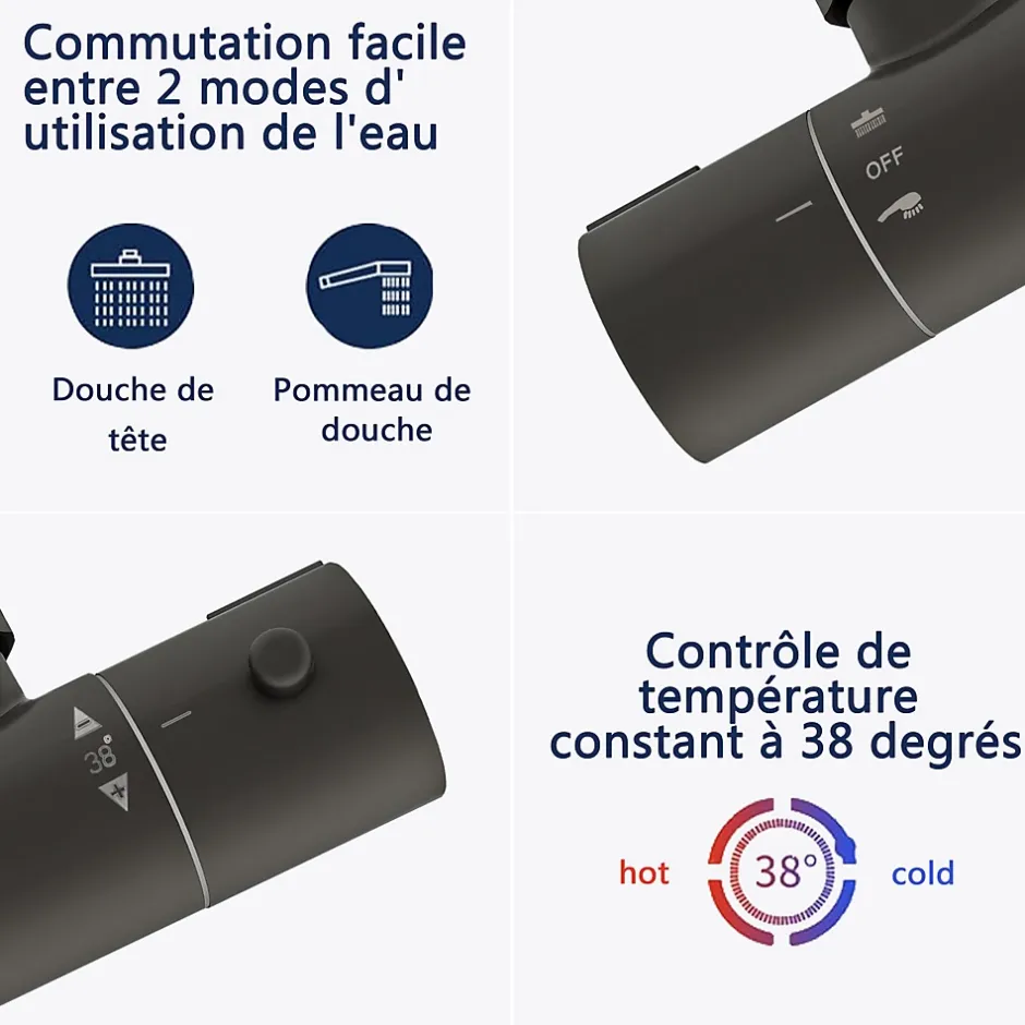 AICA Sanitaire AICA colonne de douche thermostatique avec douche de tête ronde de 200 mm, douchette à main 3 fonctions, noir,hauteur réglable