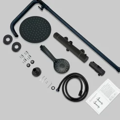 AICA Sanitaire AICA colonne de douche thermostatique avec douche de tête ronde de 200 mm, douchette à main 3 fonctions, noir,hauteur réglable