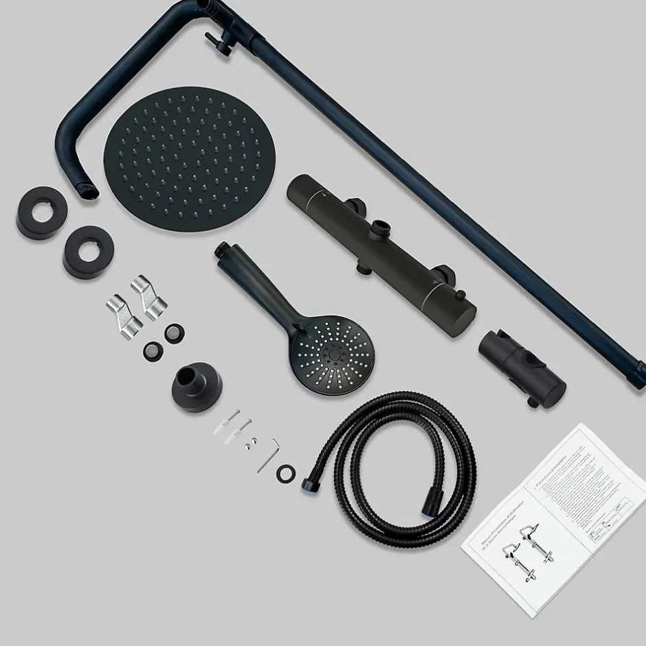 AICA Sanitaire AICA colonne de douche thermostatique avec douche de tête ronde de 200 mm, douchette à main 3 fonctions, noir,hauteur réglable