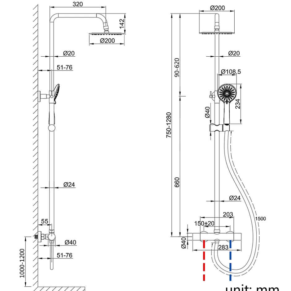 AICA Sanitaire AICA colonne de douche thermostatique avec douche de tête ronde de 200 mm, douchette à main 3 fonctions, noir,hauteur réglable