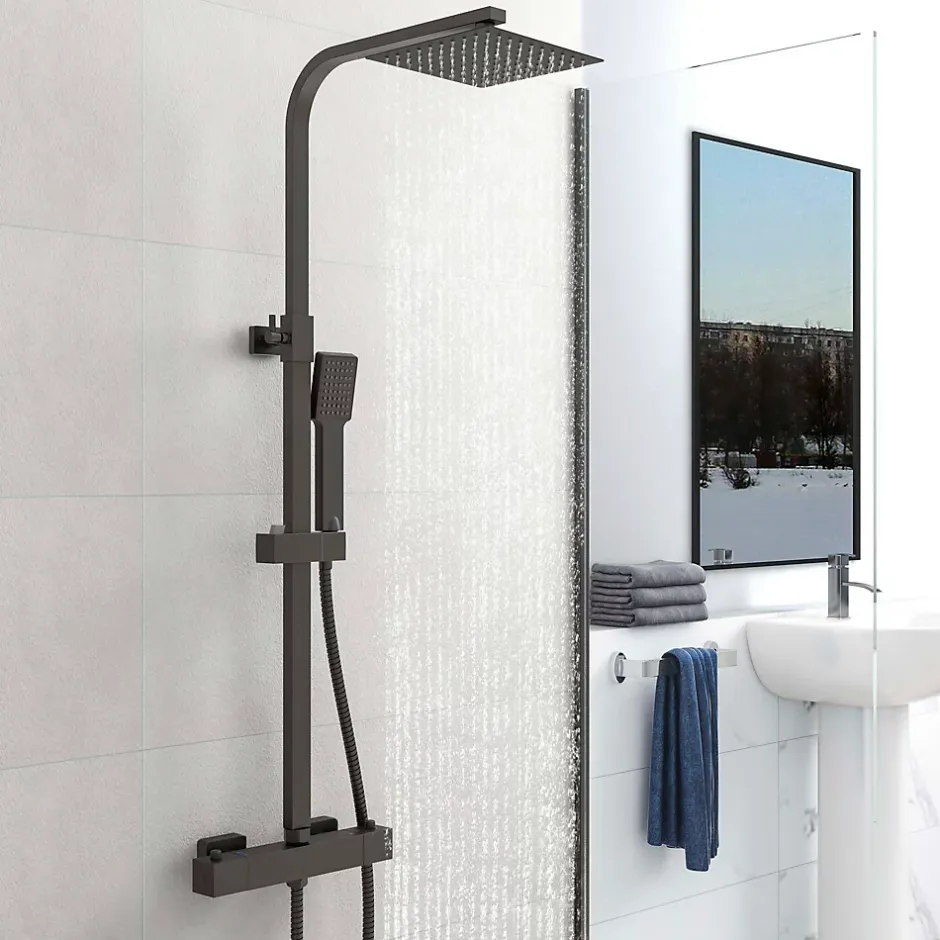 AICA Sanitaire AICA colonne de douche thermostatique noir mat avec douche de tête carrée 20X20cm, réglable en hauteur 730-1150mm