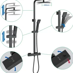 AICA Sanitaire AICA colonne de douche thermostatique 200mm, kit carré noir