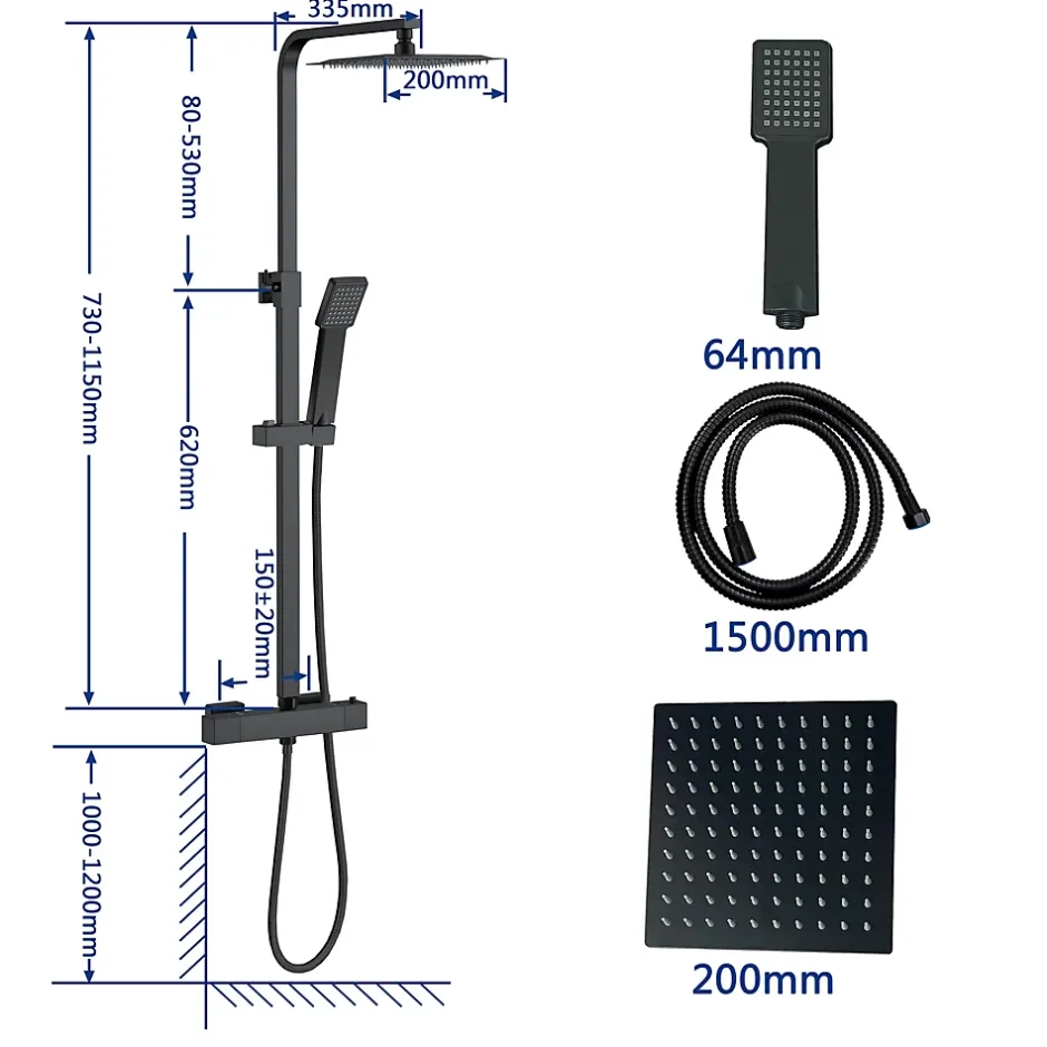 AICA Sanitaire AICA colonne de douche thermostatique 200mm, kit carré noir