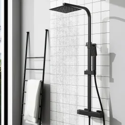 AICA Sanitaire AICA colonne de douche thermostatique avec pomme de tête, douchette et flexible,noir mat* Colonne De Douche Thermostatique