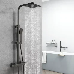 AICA Sanitaire AICA colonne de douche thermostatique noir mat avec douche de tête carrée 20X20cm, réglable en hauteur 730-1150mm* Colonne De Douche Thermostatique