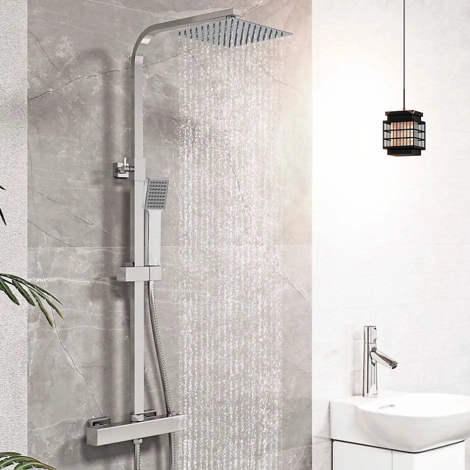 AICA Sanitaire AICA colonne de douche thermostatique avec pomme de tête, douchette et flexible,effet chromé,Carré