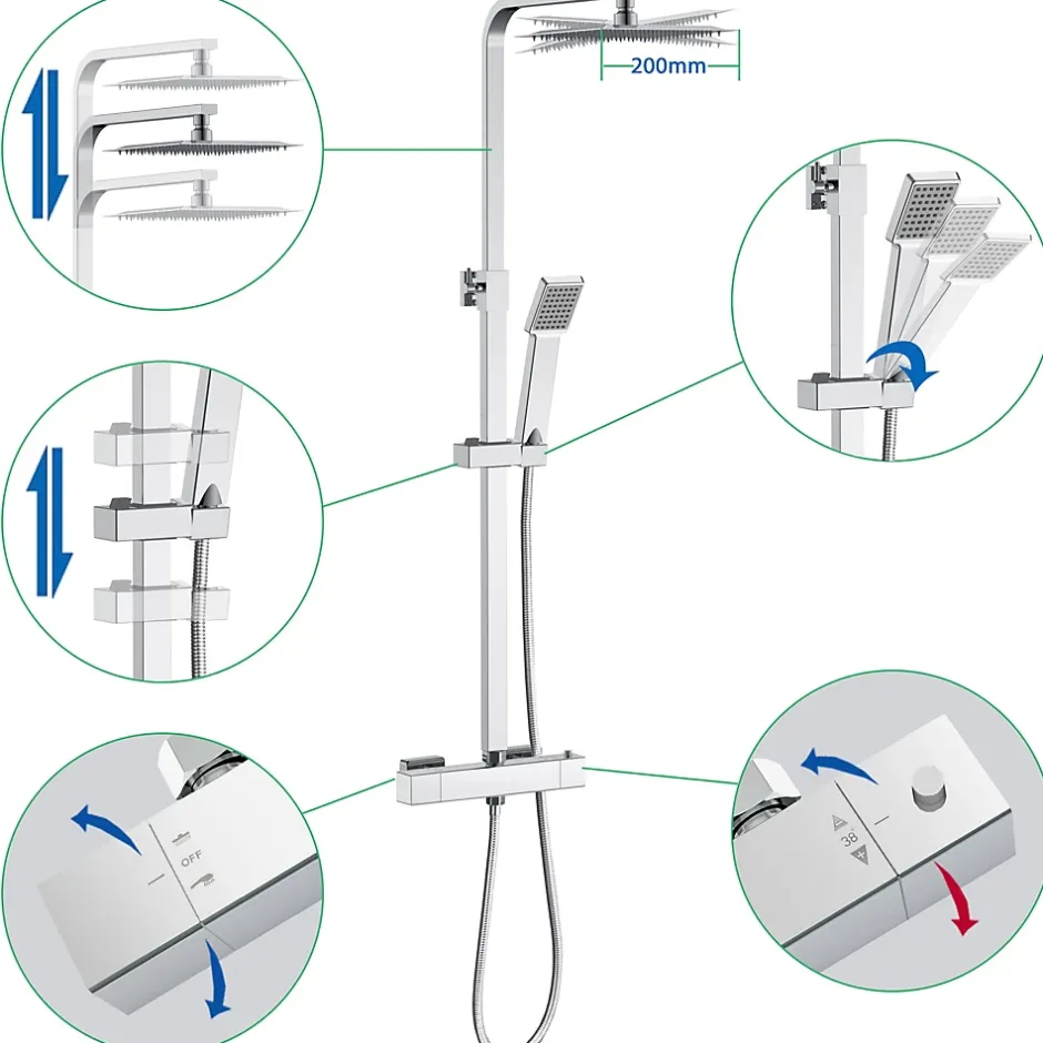 AICA Sanitaire AICA colonne de douche thermostatique avec pomme de tête, douchette et flexible,effet chromé,Carré