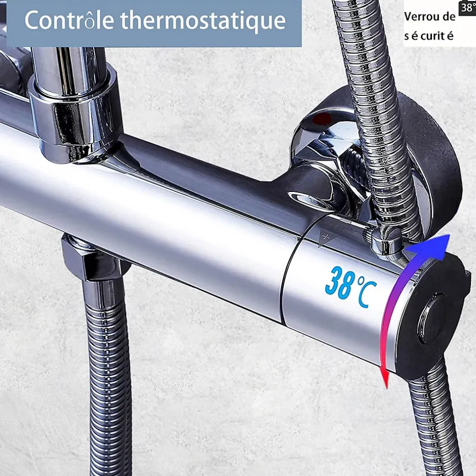 AICA Sanitaire AICA colonne de douche thermostatique en laiton, douche de tête carrée, 3 jets* Colonne De Douche Thermostatique