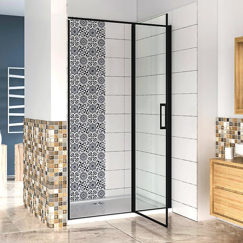 AICA Sanitaire Aica porte de douche pivotante 100x185cm noir mat en 6mm verre anticalcaire installation en niche* Porte De Douche