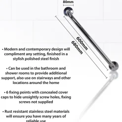 Aidapt VY472P - Barre d'appui en acier inoxydable au fini poli - 600mm