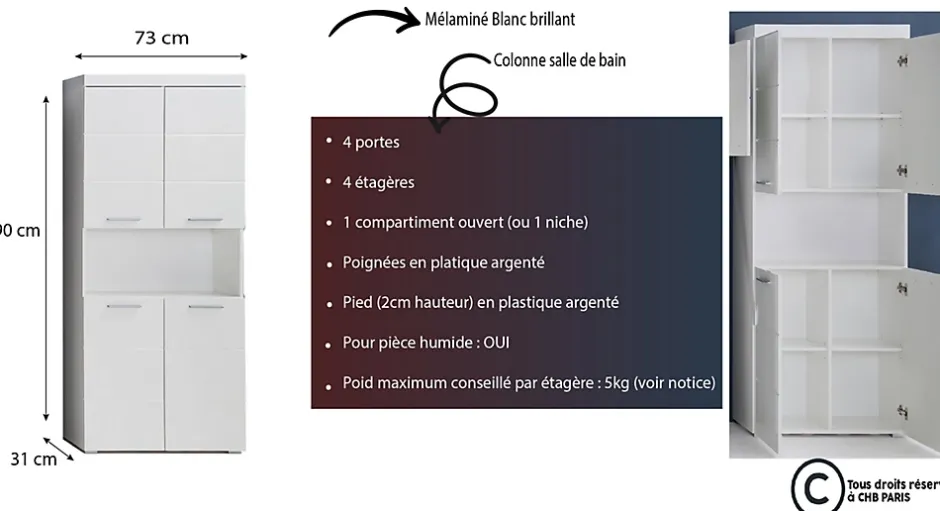 Trend Team AMANDA - Meuble de salle de bain mélaminé - Meuble Colonne. Blanc brillant. L-H-P : 73 - 190 - 31 cm