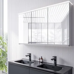 Bernstein Amoire de toilette MFC 3 portes miroirs, éclairage LED, prise de courant intérieure + 4 tablettes verre, 120x71x19cm (LxHxP), VARO* Armoire De Toilette