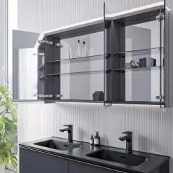 Bernstein Amoire de toilette MFC 3 portes miroirs, éclairage LED, prise de courant intérieure + 4 tablettes verre, 120x71x19cm (LxHxP), VARO* Armoire De Toilette