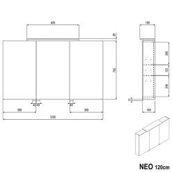 Bernstein Amoire de toilette suspendue 120x19x72,5cm (LxPxH), 3 portes mirroir, éclairage LED + prise électrique, Charnières mobiles, NEO* Armoire De Toilette