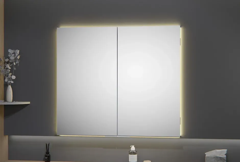 Bernstein Armoire à glace aluminium murale salle de bain et toilettes, étagère avec miroir avec LED encastrée + prise, UP7012, H.70cmxL.80cm