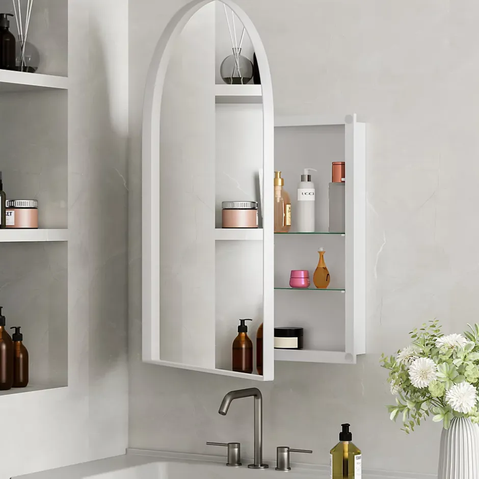 ProximaX Armoire à miroir cintrée blanche avec cadre métal, armoire murale à étagères réglables, rangement salle de bain, salon ou chambre* Armoire De Toilette