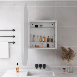 ProximaX Armoire à miroir ovale blanche avec cadre métal, armoire murale à étagères réglables, rangement salle de bain, salon ou chambre* Armoire De Toilette