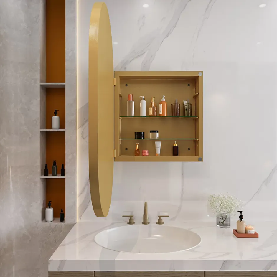 ProximaX Armoire à miroir ovale dorée avec cadre métal, armoire murale à étagères réglables, rangement salle de bain, salon ou chambre* Armoire De Toilette