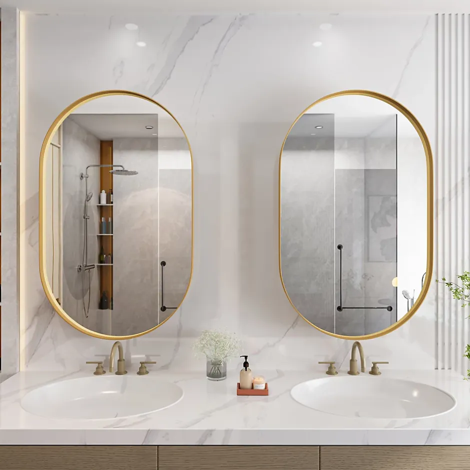 ProximaX Armoire à miroir ovale dorée avec cadre métal, armoire murale à étagères réglables, rangement salle de bain, salon ou chambre* Armoire De Toilette