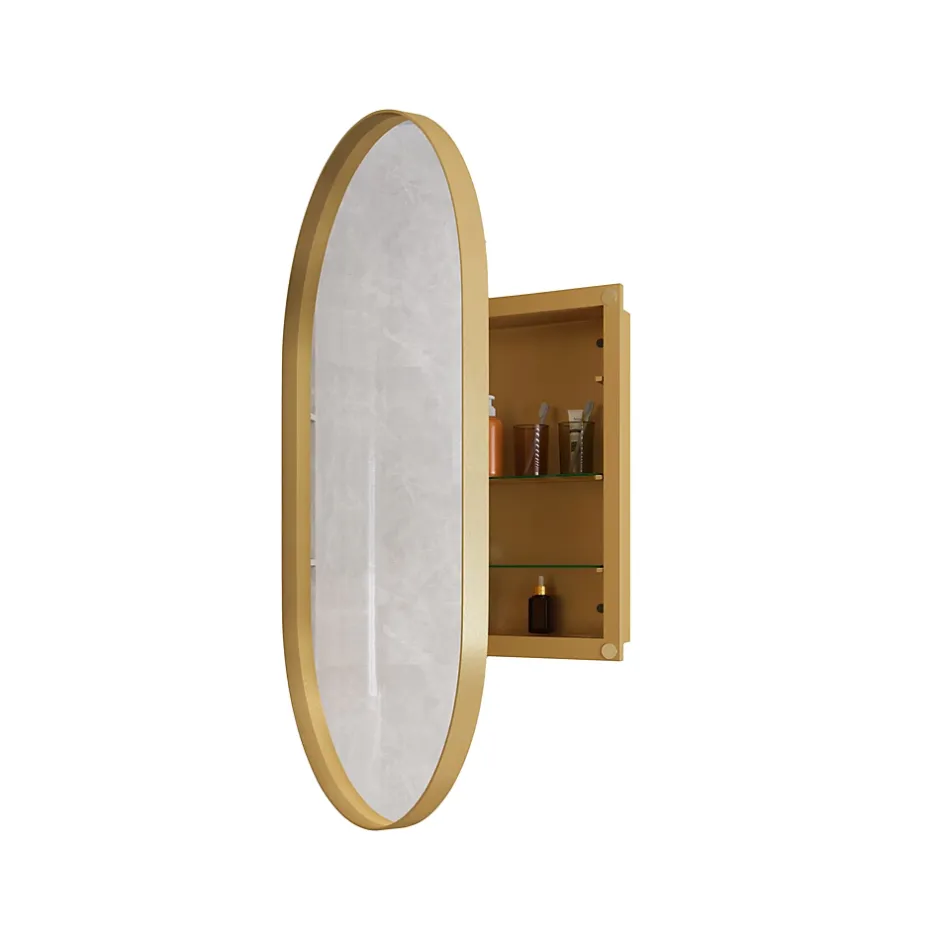 ProximaX Armoire à miroir ovale dorée avec cadre métal, armoire murale à étagères réglables, rangement salle de bain, salon ou chambre* Armoire De Toilette