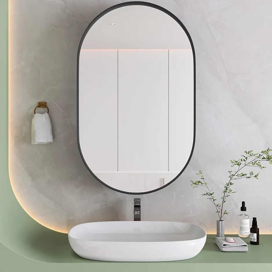Okwish Armoire à Miroir Ovale Murale avec Cadre Métallique Noir - Meuble de Salle de Bain avec Étagères Réglables, 51.5x85 cm, Noir