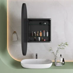 Okwish Armoire à Miroir Ovale Murale avec Cadre Métallique Noir - Meuble de Salle de Bain avec Étagères Réglables, 51.5x85 cm, Noir