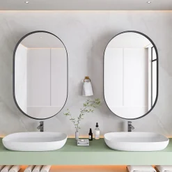 ProximaX Armoire à miroir ovale noire avec cadre métal, meuble mural avec étagères réglables, rangement salle de bain