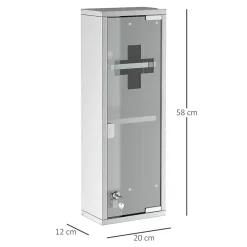 kleankin Armoire à pharmacie 2 étagères 3 niveaux 20L x 12l x 58H cm porte verre trempé symbole croix acier inox.