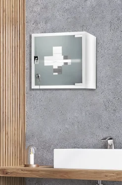 MPGlass Armoire à pharmacie L.30 x H.30 x P.15 cm, acier + porte verre sablé, blanc, Siena