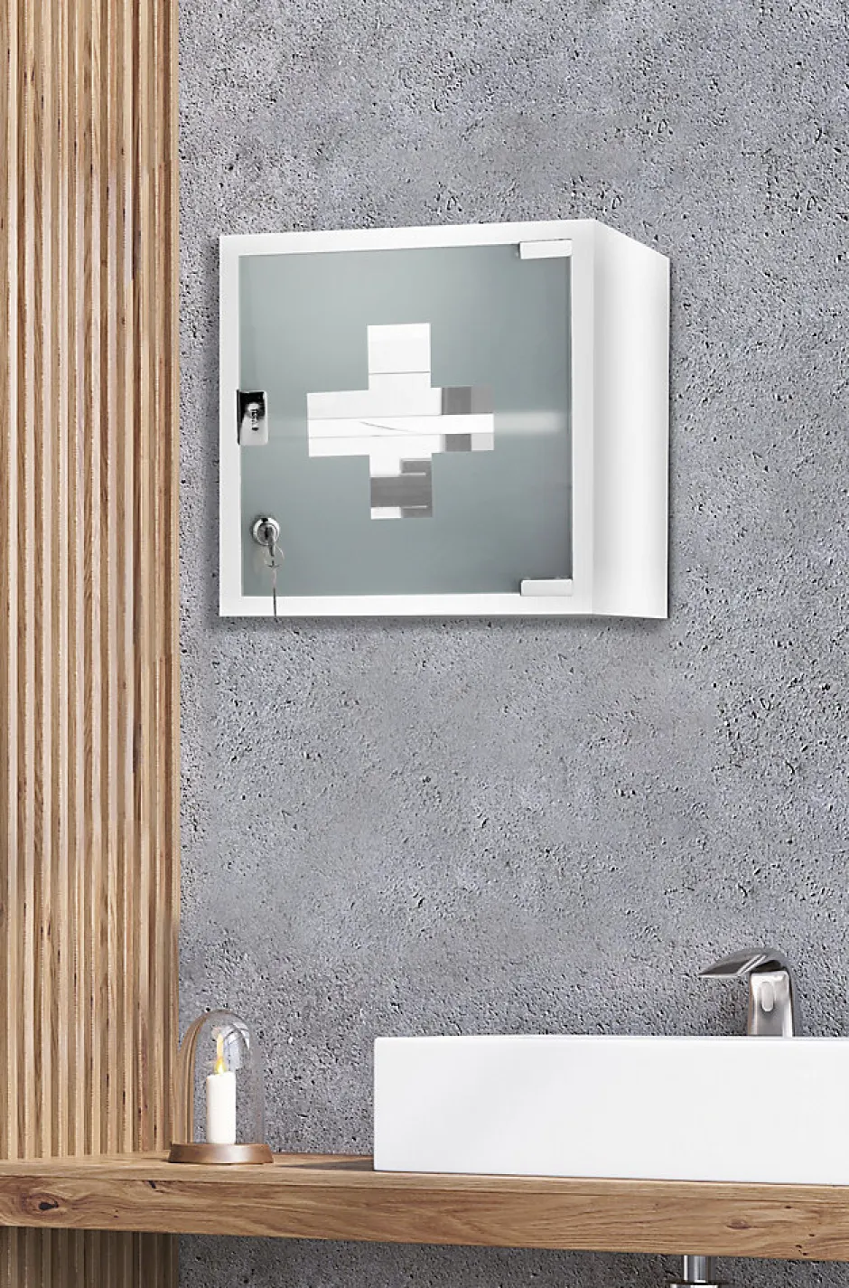MPGlass Armoire à pharmacie L.30 x H.30 x P.15 cm, acier + porte verre sablé, blanc, Siena