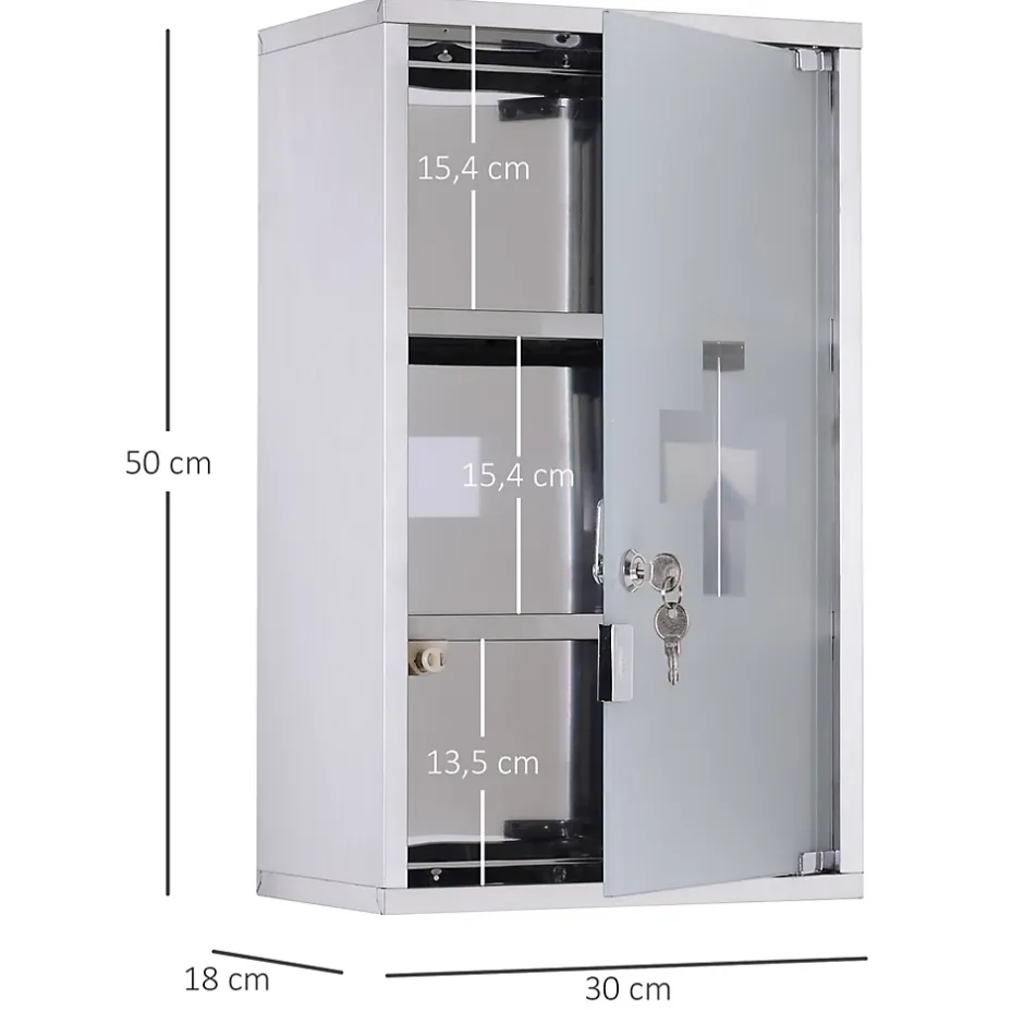 Homcom Armoire à pharmacie murale verrouillable 3 niv. acier inox* Armoire De Toilette