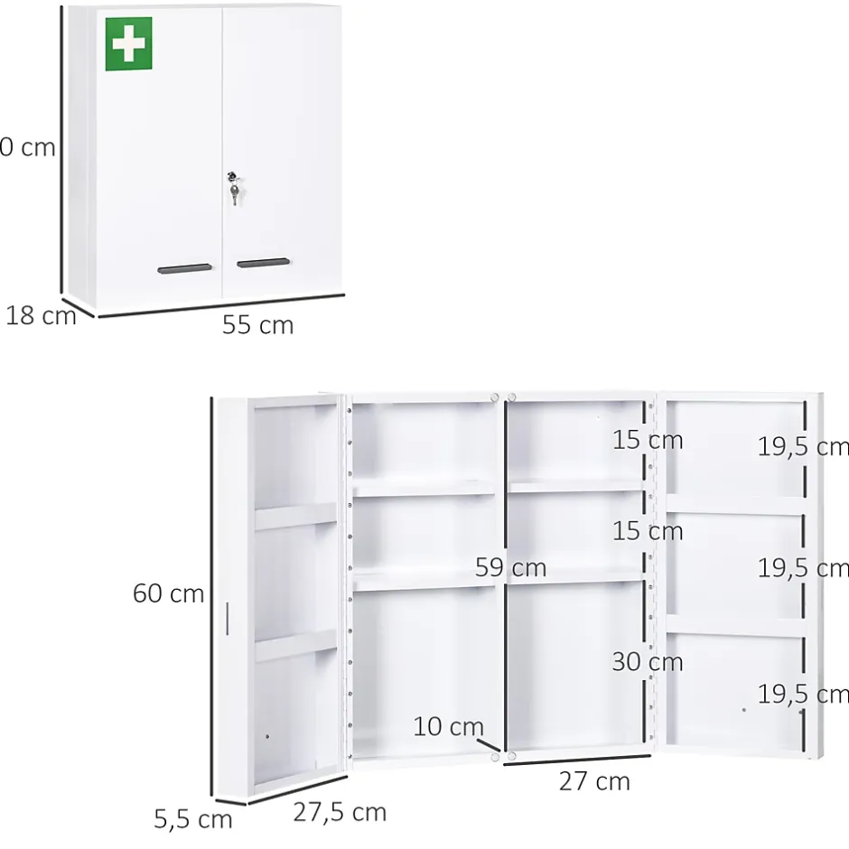kleankin Armoire à pharmacie murale verrouillable 2 portes 6 étagères 6 compartiments dim. 55 x 18 x 60 cm acier blanc