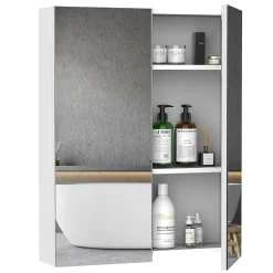 Homcom Armoire avec miroir en bois rangement salle de bain fermeture porte tampon MDF blanc* Armoire De Toilette