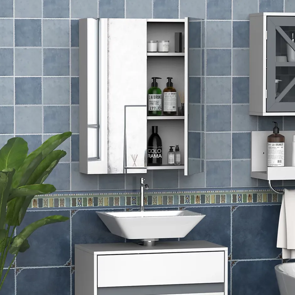 Homcom Armoire avec miroir en bois rangement salle de bain fermeture porte tampon MDF blanc* Armoire De Toilette