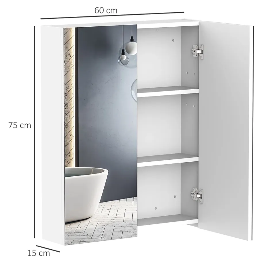 Homcom Armoire avec miroir en bois rangement salle de bain fermeture porte tampon MDF blanc* Armoire De Toilette