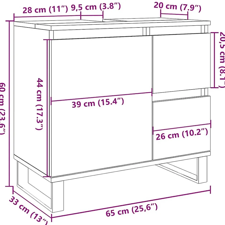Vidaxl Armoire de lavabo de salle de bain gris béton 65x33x60 cm
